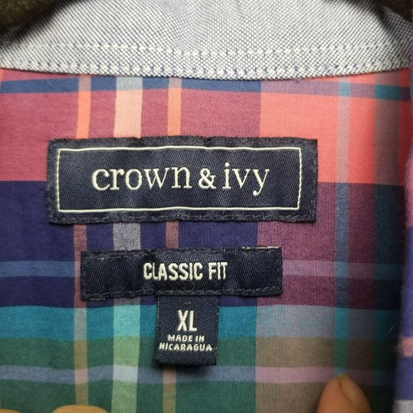 Crown & Ivy Shirt Mens XL Multicolor Plaid Long Sleeve Button Up Classic NWT - Picture 5 of 12